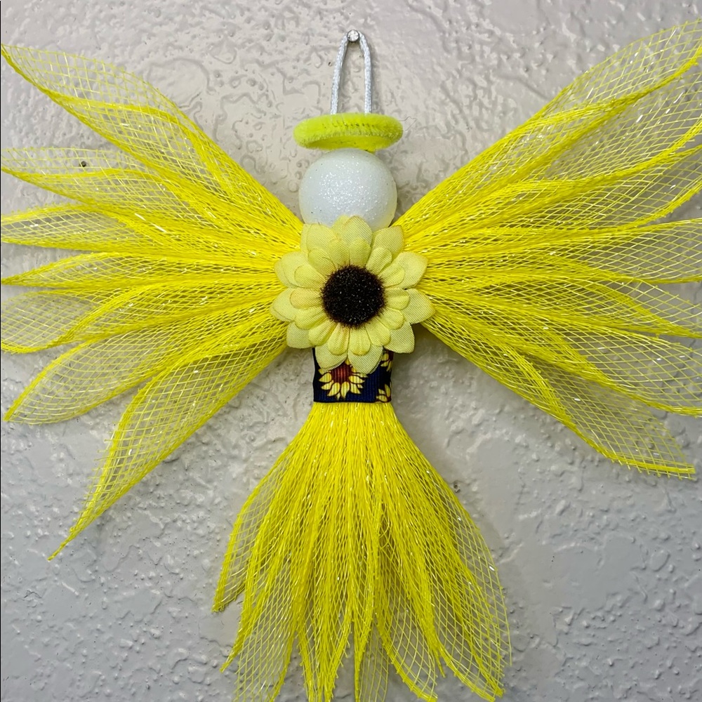 Small deco mesh yellow angel, Fall sunflower angel, sunflower decor